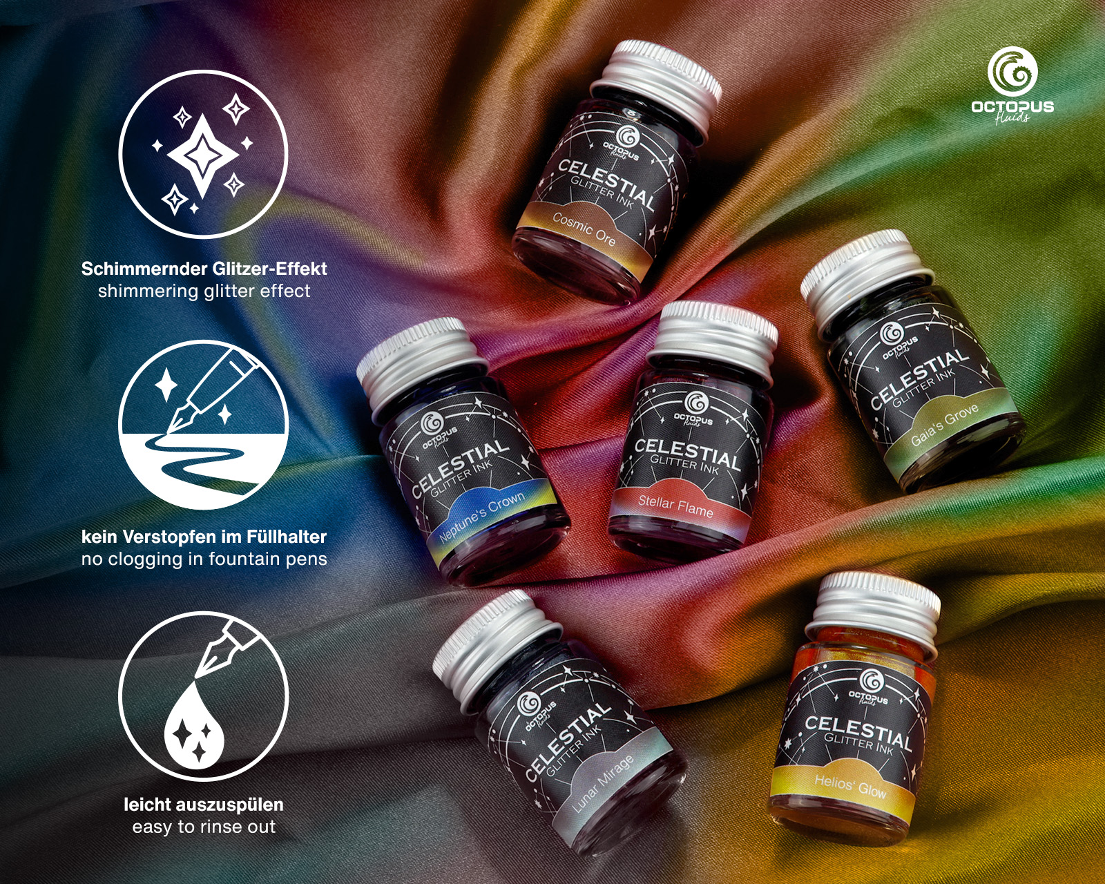 Celestial Glitter Ink Set 1, Sheen-Tinten für Füllhalter, 6 x 10 ml